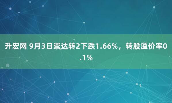 升宏网 9月3日崇达转2下跌1.66%，转股溢价率0.1%
